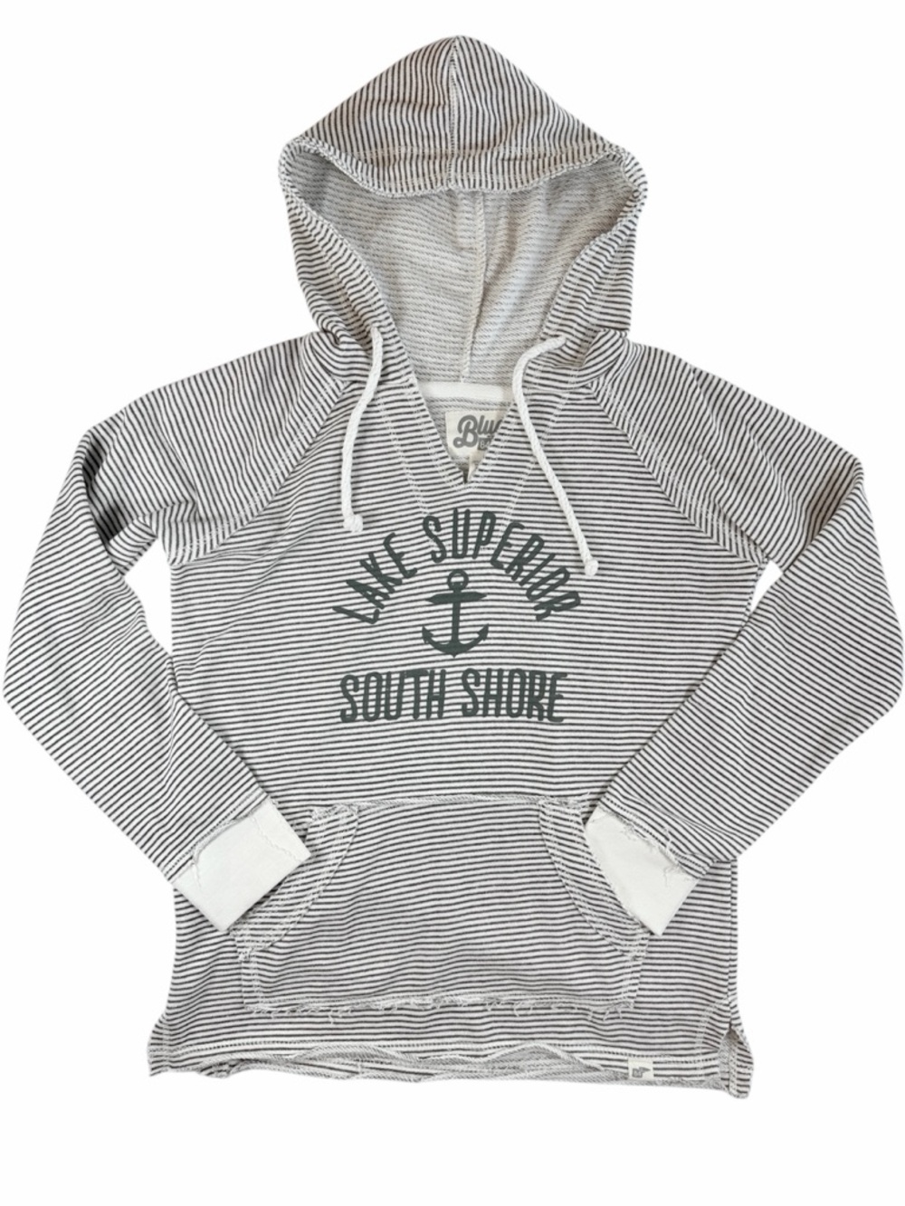 Blue 84 South Shore Lake Superior Striped‎ Distressed Hoodie Michigan Cream Gray